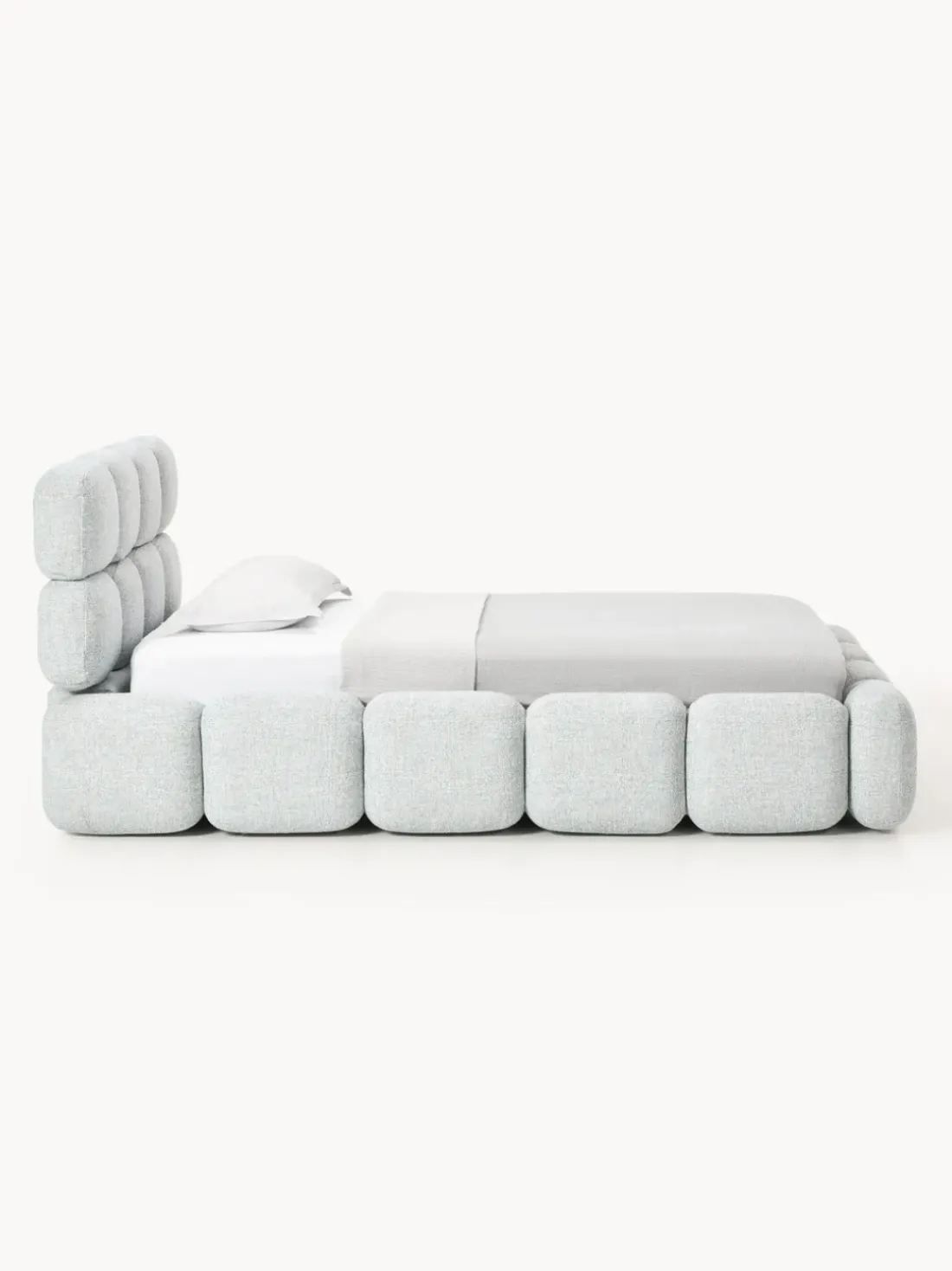 Cama individual tapizada en borreguillo bouclé con espacio de almacenamiento Tayla