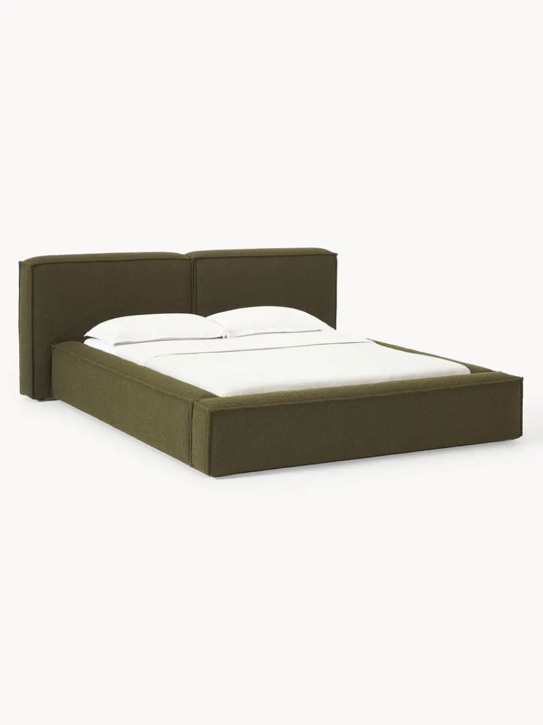 Cama tapizada en tejido bouclé Lennon, con espacio de almacenamiento