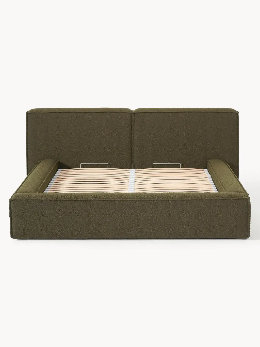Cama tapizada en tejido bouclé Lennon, con espacio de almacenamiento