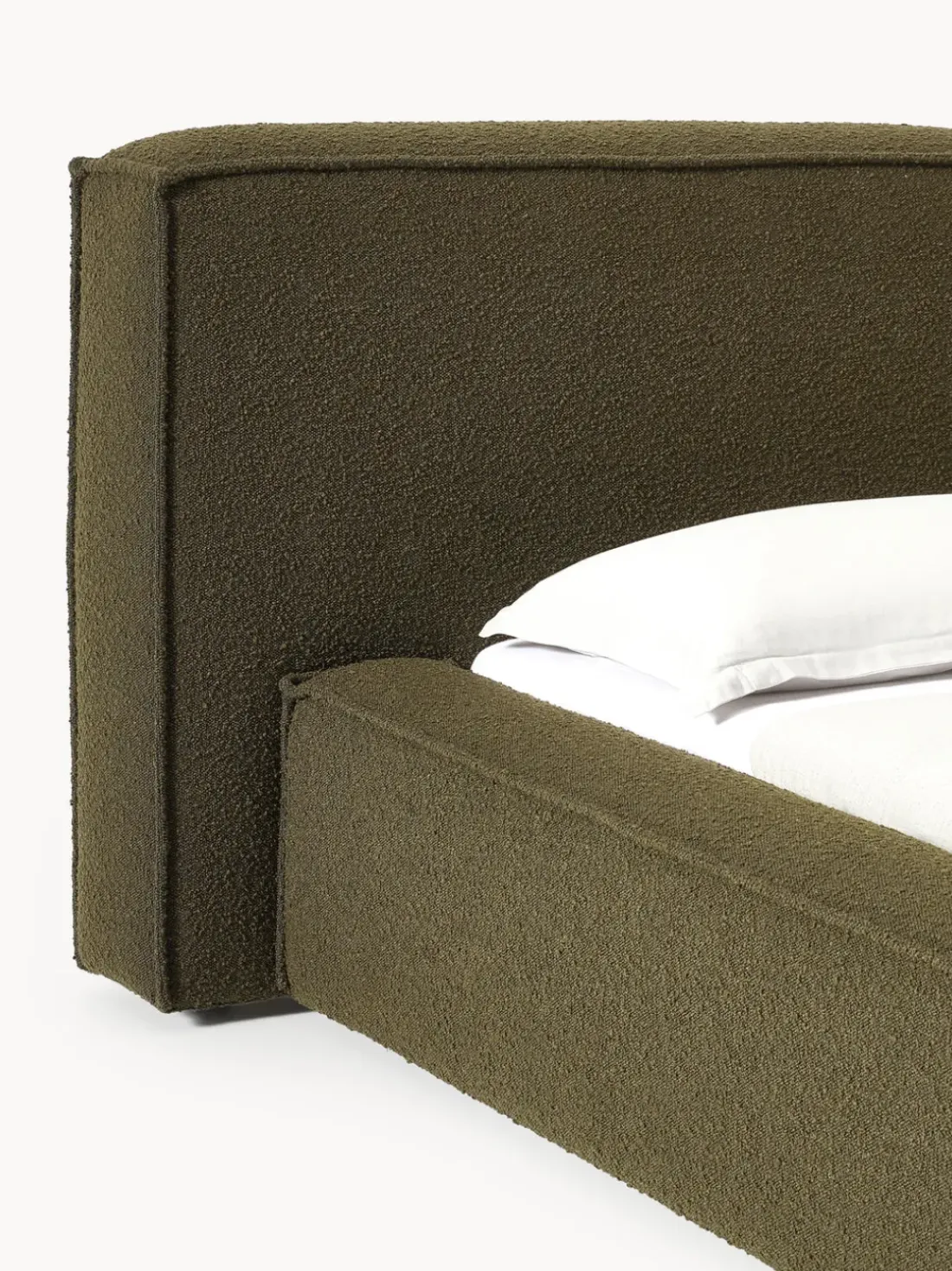 Cama tapizada en tejido bouclé Lennon, con espacio de almacenamiento