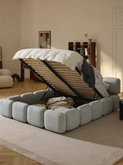 Cama tapizada en tejido bouclé con espacio de almacenamiento Tayla