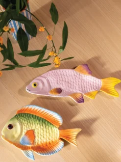 Fuente de dolomita pintada a mano Fish, 32 x 13 cm