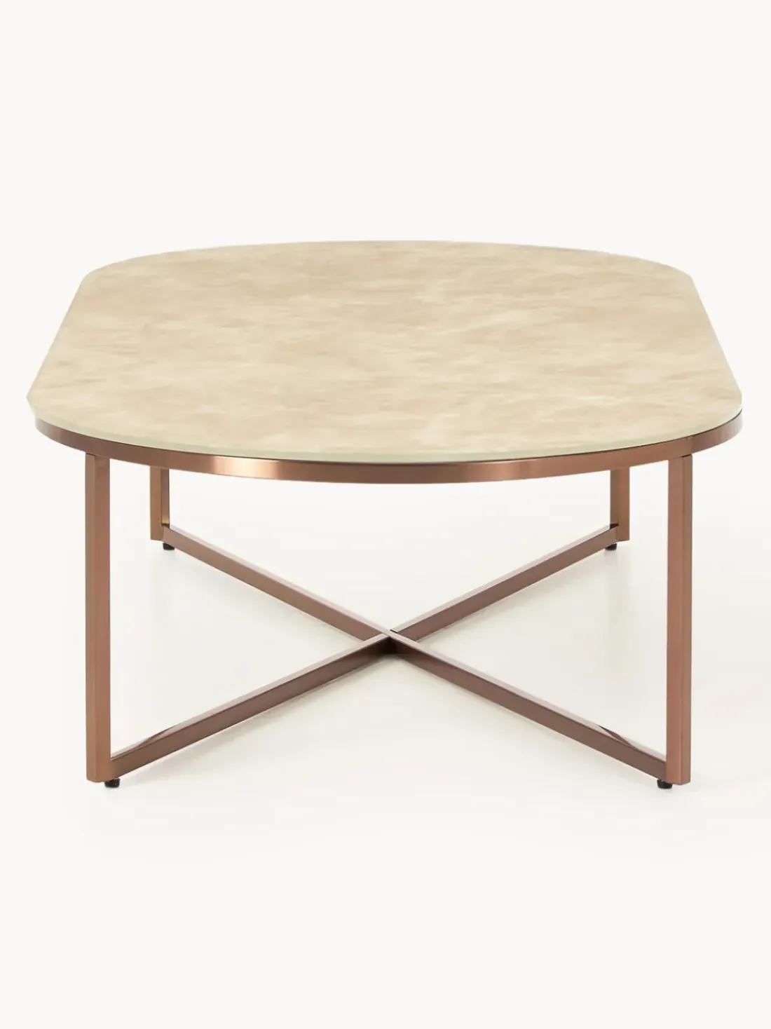 Mesa de centro ovalada con tablero de vidrio en look mármol Antigua