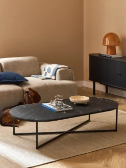 Mesa de centro ovalada con tablero de vidrio en look mármol Antigua