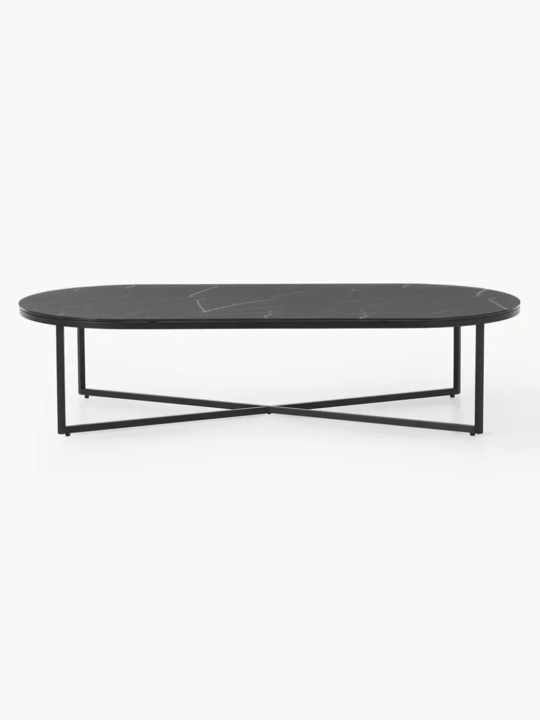 Mesa de centro ovalada con tablero de vidrio en look mármol Antigua