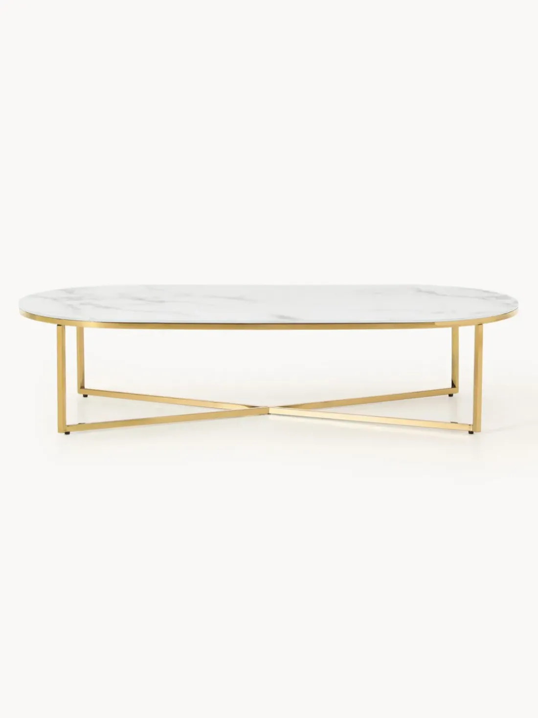 Mesa de centro ovalada con tablero de vidrio en look mármol Antigua