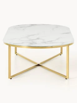 Mesa de centro ovalada con tablero de vidrio en look mármol Antigua