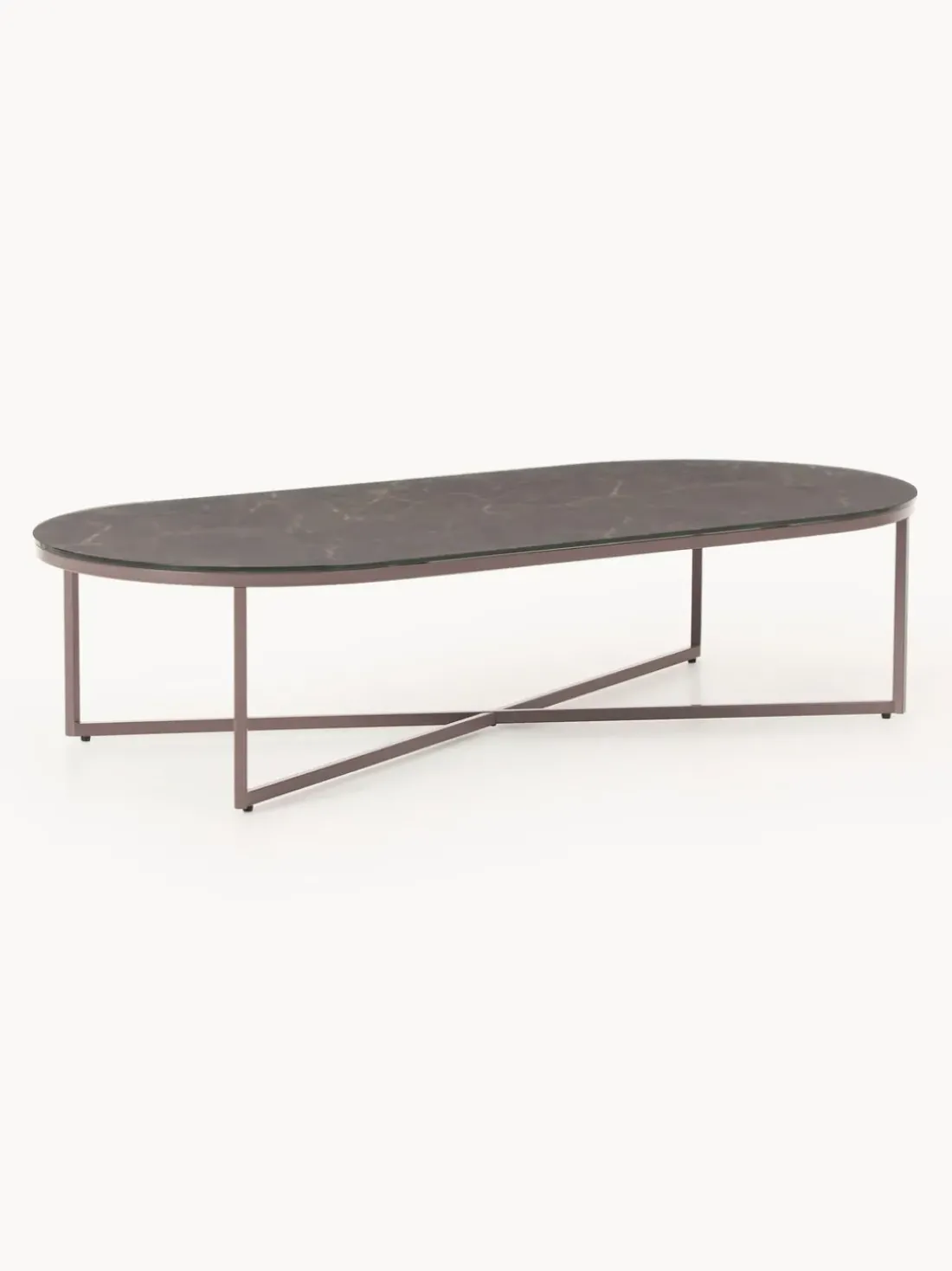 Mesa de centro ovalada con tablero de vidrio en look mármol Antigua