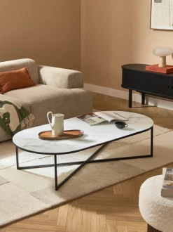 Mesa de centro ovalada con tablero de vidrio en look mármol Antigua