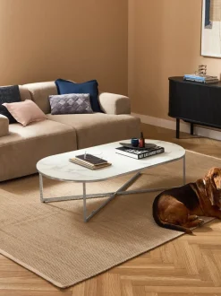 Mesa de centro ovalada con tablero de vidrio en look mármol Antigua