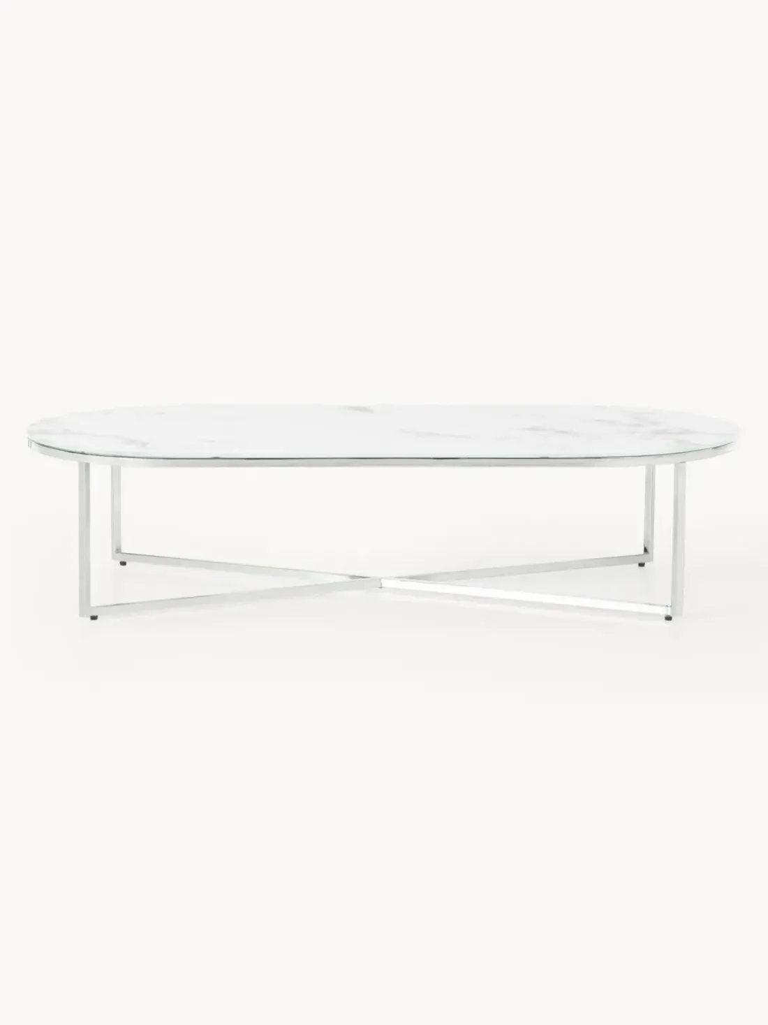 Mesa de centro ovalada con tablero de vidrio en look mármol Antigua