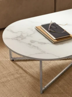 Mesa de centro ovalada con tablero de vidrio en look mármol Antigua