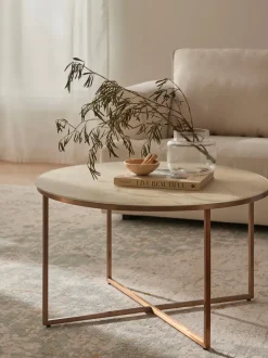 Mesa de centro redonda con tablero de vidrio en look mármol Antigua