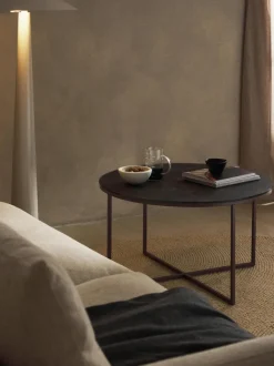 Mesa de centro redonda con tablero de vidrio en look mármol Antigua