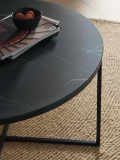 Mesa de centro redonda con tablero de vidrio en look mármol Antigua