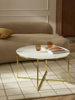Mesa de centro redonda con tablero de vidrio en look mármol Antigua