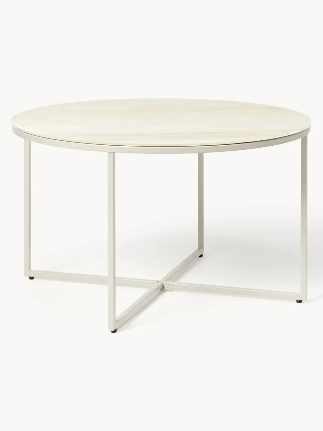 Mesa de centro redonda con tablero de vidrio en look travertino Antigua