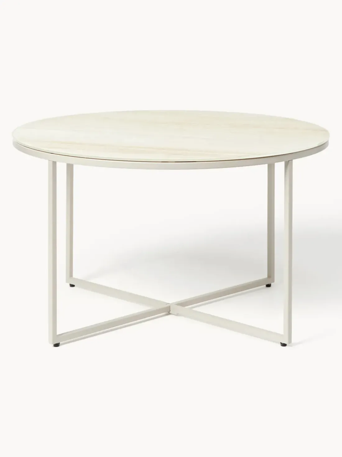 Mesa de centro redonda con tablero de vidrio en look travertino Antigua