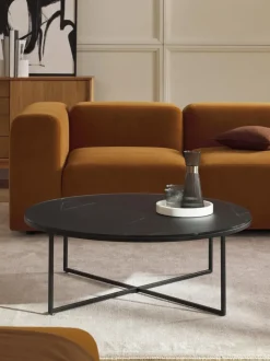 Mesa de centro redonda grande con tablero de vidrio en look mármol Antigua