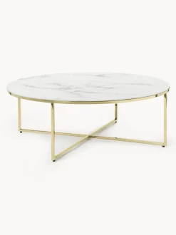 Mesa de centro redonda grande con tablero de vidrio en look mármol Antigua