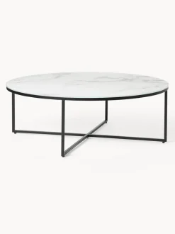 Mesa de centro redonda grande con tablero de vidrio en look mármol Antigua