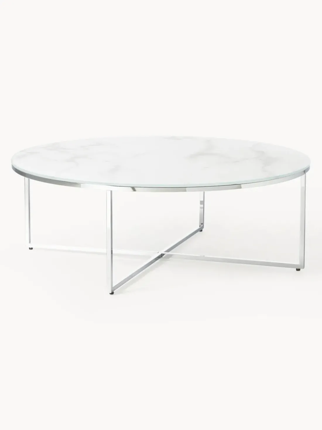Mesa de centro redonda grande con tablero de vidrio en look mármol Antigua