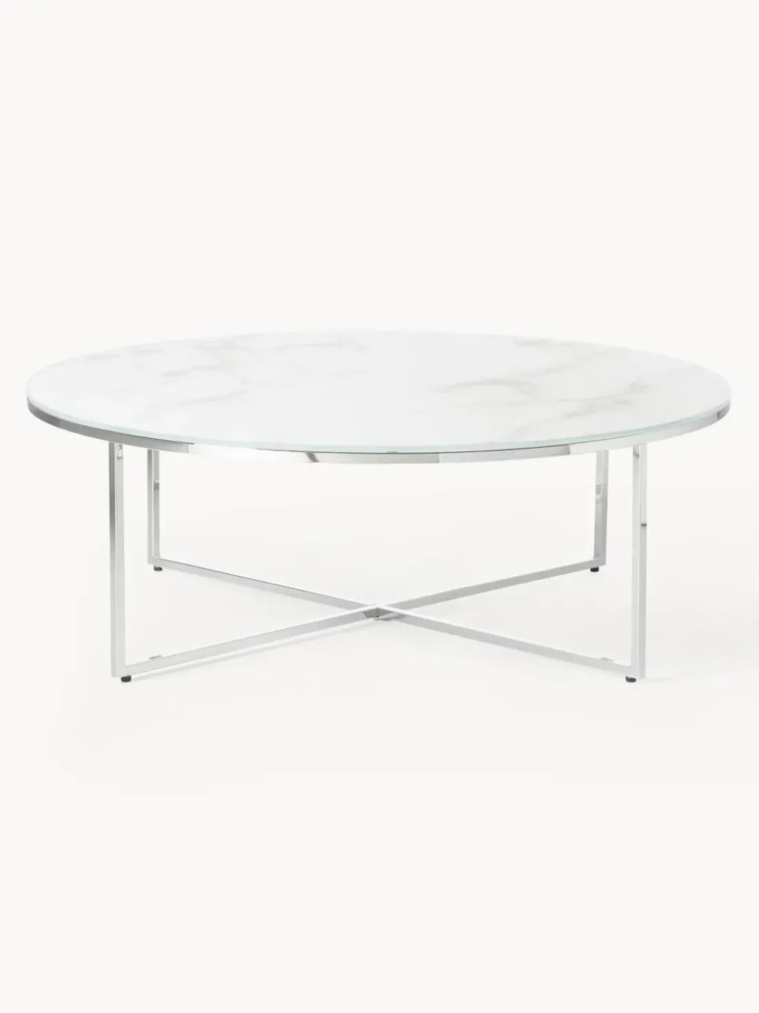 Mesa de centro redonda grande con tablero de vidrio en look mármol Antigua