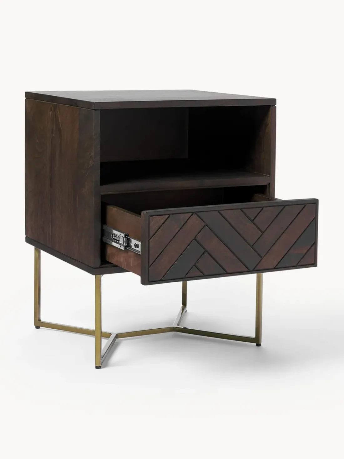 Mesita de noche de madera de mango con diseño espiga Luca