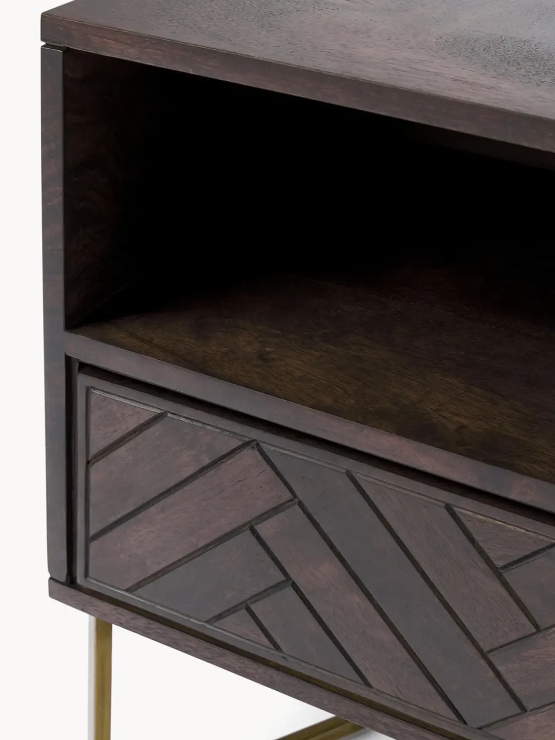Mesita de noche de madera de mango con diseño espiga Luca