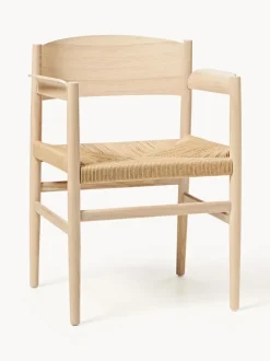 Silla artesanal de madera y mimbre con reposabrazos Nestor