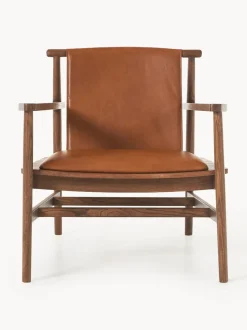 Silla con reposabrazos de madera de fresno y asiento de cuero Hayo